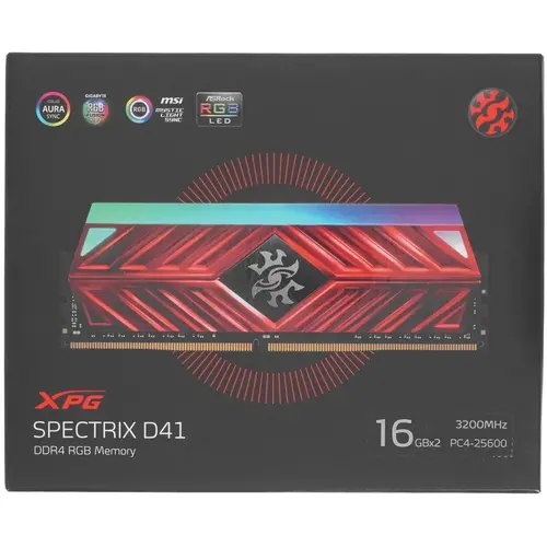 Модуль памяти ADATA 32GB DDR4 3200 DIMM XPG SPECTRIX D41 RGB Red Gaming Memory Non-ECC, CL16, 1.35V, 2048x8, Kit (2x16GB), RTL AX4U3200716G16A-DR41 AX4U3200716G16A-DR41