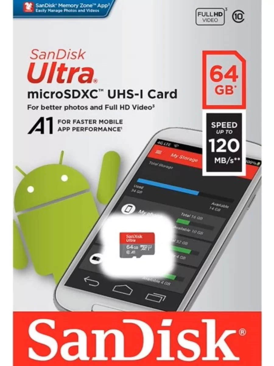 Карта памяти SanDisk SDSQUA4-064G-GN6MN 64GB,microSDXC,Class 10,Ultra UHS-I,U1,A1,120MB/s SDSQUA4-064G-GN6MN SDSQUA4-064G-GN6MN