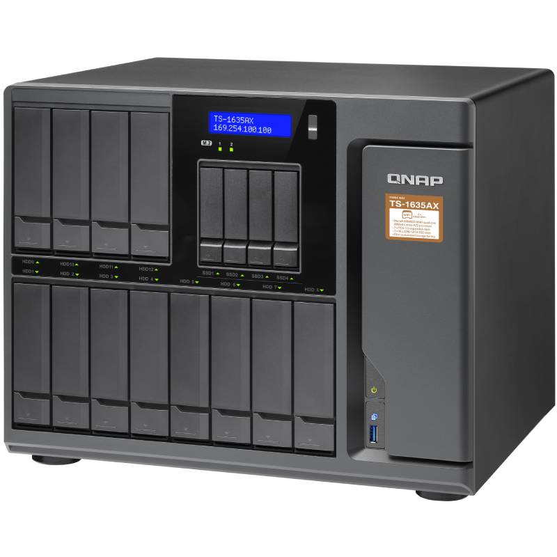 Сетевой RAID-накопитель QNAP 16-Bay Marvell ARMADA 8040 ARMv8 Cortex-A72 quad-core 1.6GHz, 8GB DDR4 Long-DIMM RAM (max 16GB), SATA 6Gb/s, 12x 3.5"/2.5" HDD/SSD bays + 4x 2.5" SSD bays + 2x M.2 2280 SATA slots, 2x 10GbE SFP+ LAN, 2x GbE LAN, 2x PCIe G TS-1635AX-8G