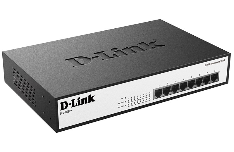 Коммутатор D-Link Неуправляемый с 8 портами 10/100Base-TX с поддержкой PoE 802.3af/at, PoE-бюджет 140 В DES-1008P+/A1A DES-1008P+/A1A