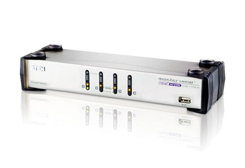 KVM переключатель ATEN VGA/SVGA+KBD+MOUSE+AUDIO, 1> 4 порта USB, 2 VGA, c KVM-шнурами USB 4х1.8м.+MINIJACK 4х1.8м CS1744C-AT CS1744C-AT