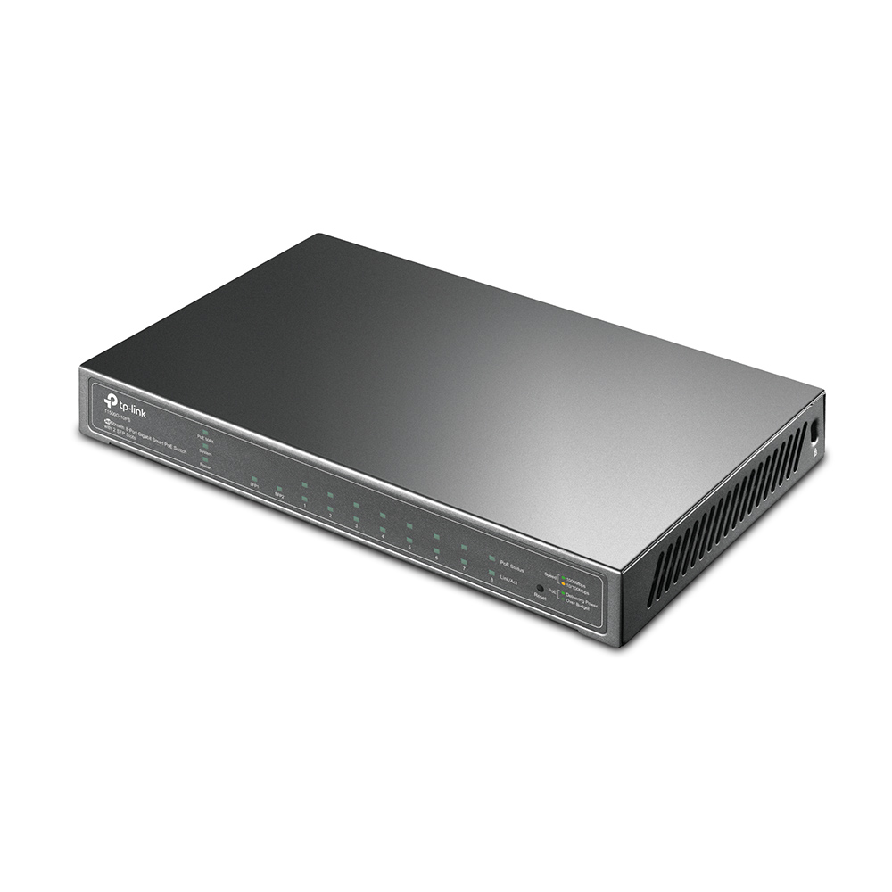 Коммутатор TP-Link настольный PoE Smart, 8*10/100/1000, 2 SFP, поддержка 802.3at/af, бюджет PoE до 53 Вт, сталь T1500G-10PS T1500G-10PS