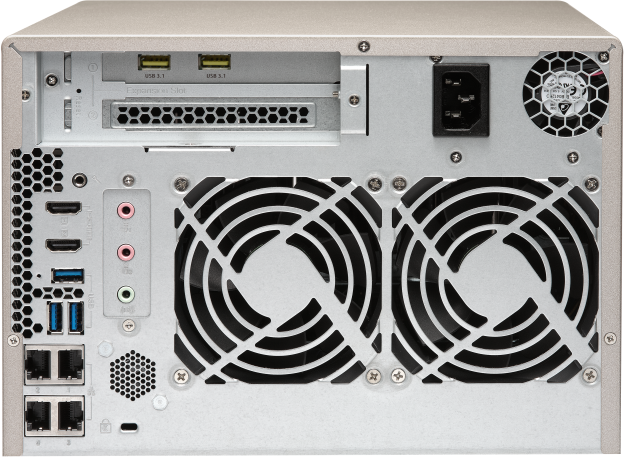 Сетевой RAID-накопитель QNAP 6 отсеков для HDD, 2 слота M.2 SSD, 2 HDMI-порта. AMD RX-421BD 2,1 ГГц (до 3,4 ГГц ), 8 ГБ DDR4 TVS-673-8G TVS-673-8G