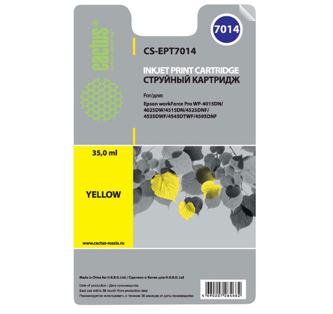 Картридж Cactus струйный CS-EPT7014 желтый для Epson WF-4015/4020/4025/4095/4515 (35мл) CS-EPT7014 CS-EPT7014