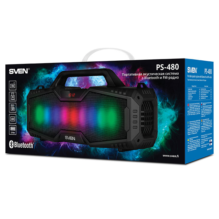 Портативная колонка Sven PS-480, черный, 2.0, мощность 2x12 Вт (RMS), Bluetooth, FM, USB, microSD, LED-дисплей, встроенный аккумулятор SV-016715 SV-016715