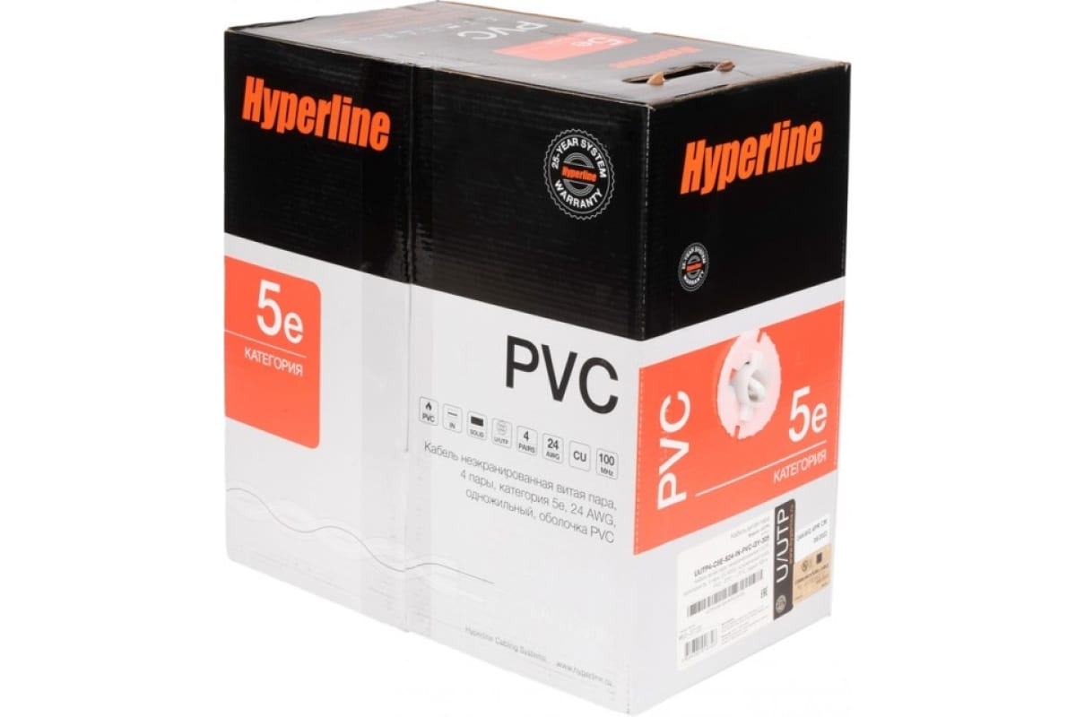 Hyperline UUTP4-C5E-S24-IN-PVC-GY-305 (UTP4-C5E-SOLID-GY-305) (305 м) Кабель витая пара, неэкраниров UUTP4-C5E-S24-IN-PVC-GY-305
