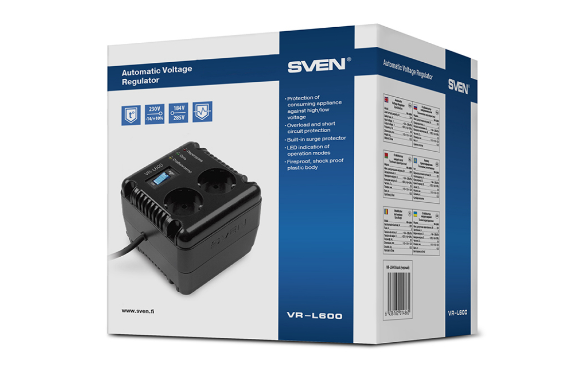 Автоматический стабилизатор напряжения Sven VR-L600(200Вт,Входное 184 – 285В, 2*CEE7/4 розетки, Выходное 230В, черный пластик. корпус) SV-014865 SV-014865