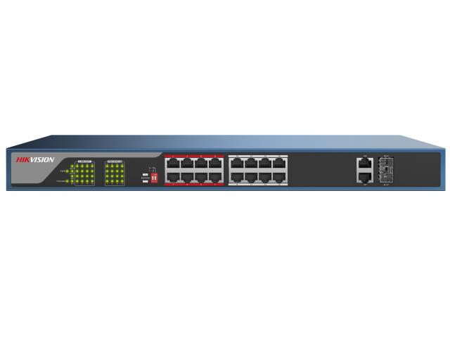 PoE коммутатор Hikvision DS-3E0318P-E 16 RJ45 100M с грозозащитой 4кВ, 1-8 порты с высоким приоритетом; 2 Uplink комбо-порта 1000М DS-3E0318P-E DS-3E0318P-E