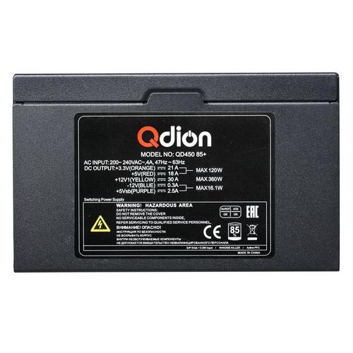 Блок питания QDION ATX , 450W 85+ real,12cm fan,24+4pin, CPU4+4,PCI-E 6+2pin,3*sata,2*molex,1*fdd pin, input 230V,I/O switch,without power cord OEM QD450 85+ QD450 85+