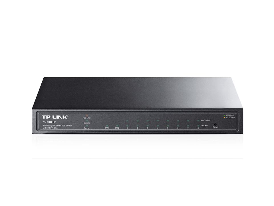 Коммутатор TP-Link JetStream 10-портовый Smart, 10/100/1000 Мбит/с RJ45, с 8 портами PoE+ 802.3af/at с бюджетом 61 Вт, 2 гигабитных SFP  TL-SG2210P TL-SG2210P