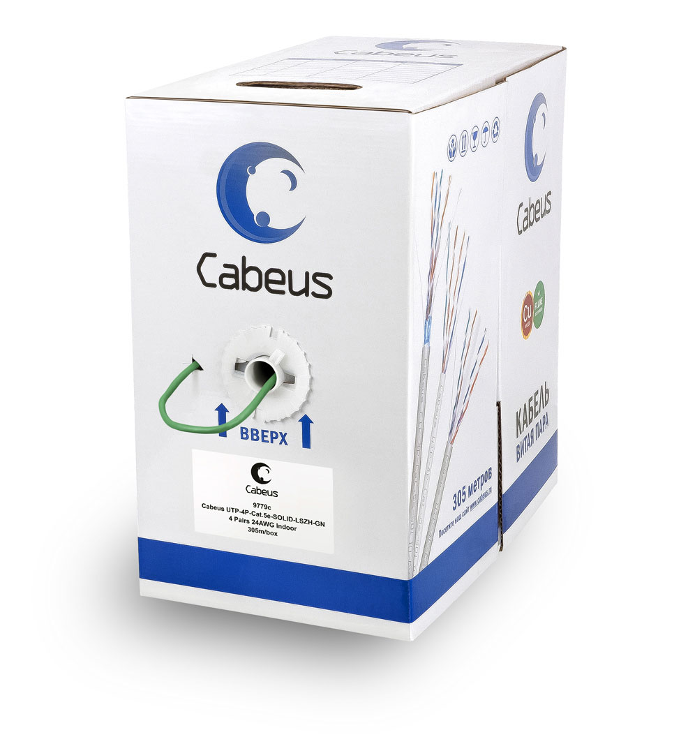 Кабель Cabeus витая пара UTP (U/UTP), категория 5e, 4 пары (24 AWG), одножильный, зеленый, LSZH, нг(А)-HF (305 м), системная гарантия 25 лет. UTP-4P-Cat.5e-SOLID-LSZH-GN UTP-4P-Cat.5e-SOLID-LSZH-GN