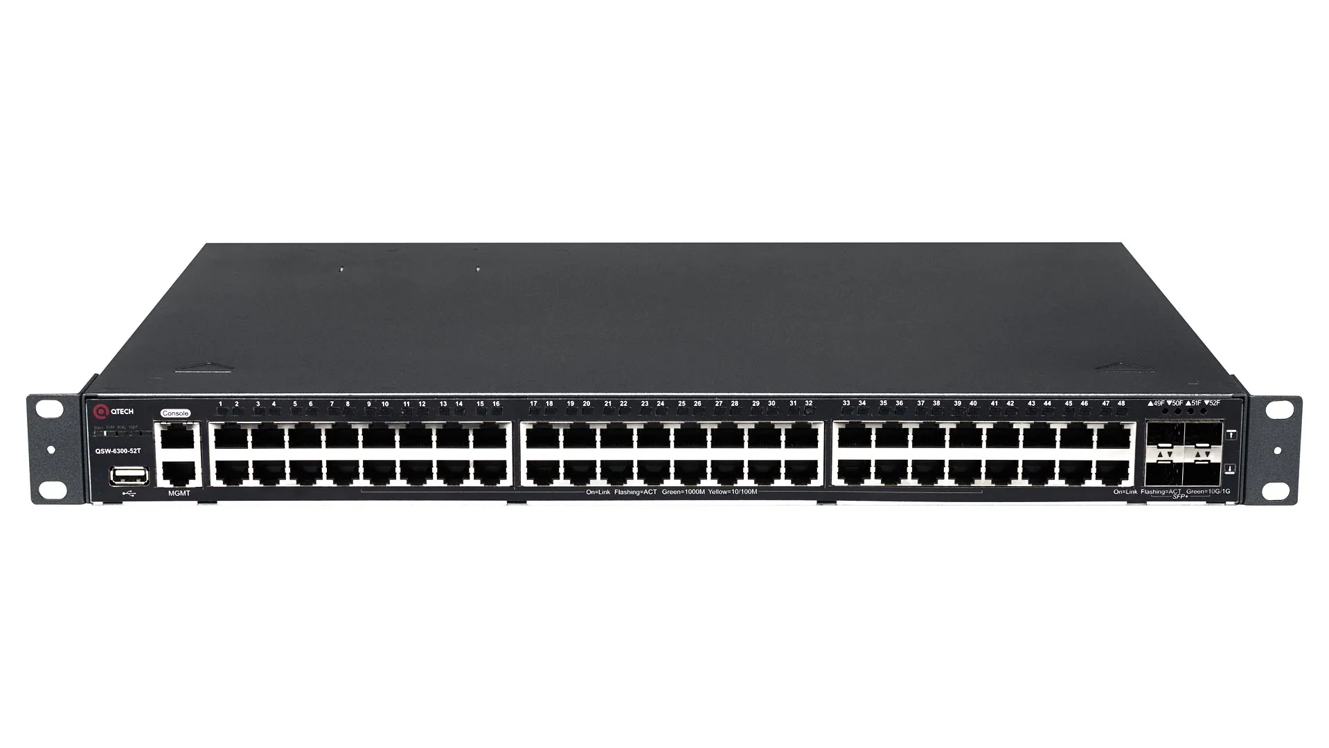 Коммутатор Qtech  L3, 48 портов 10/100/1000 BASE-T, 4 порта 10GbE SFP+, 4K VLAN, 64K MAC адресов, 1 порт USB 2.0, консольный порт, порт управления MGMT, 2 встроенных блока охлаждения, 2 сменных БП (поставляются отдельн QSW-6300-52T QSW-6300-52T