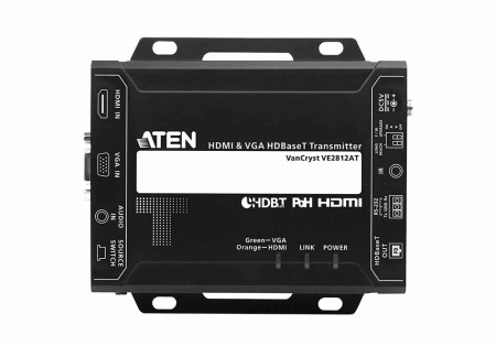 Удлинитель-передатчик ATEN HDMI HDBase-T+VGA+AUDIO+RS232+IR, 100 метр,, 1xUTP Cat5e, HDMI+HDDB15+3-контак,клемма+2xMINIJACK, F, ~, DC 5,3V, (макс,разр,4096x2160/3840x2160 60Hz 4:2:0/30Hz 4:4:4 70м Cat5e/6;100м Cat6a/1080p 100м Cat 5e/6a) VE2812AT-AT- VE2812AT-AT-G