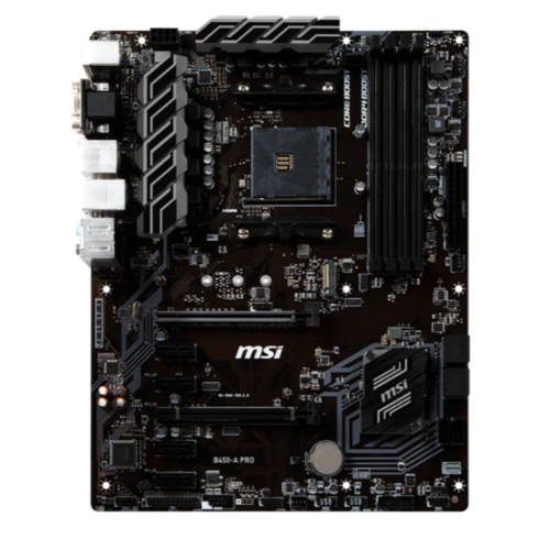 Материнская плата MSI , Socket AM4, AMD®B450, 4xDDR4-2667, 2xPCI-Ex16x, 4xPCI-Ex1x, D-SUB+DVI-D+HDMI, 6xSATA3(RAID 0/1/10), 1xM.2, 8 Ch Audio, GLan, (2+4)xUSB2.0, (4+2)xUSB3.1, 1xPS/2, ATX, RTL B450-A PRO B450-A PRO