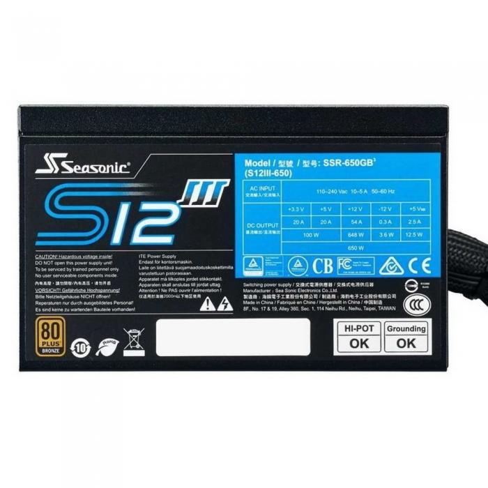Блок питания Seasonic S12III-650 Bronze :APFC 0.99;Не мод. MB(20+4),1xCPU(4+4), 4xPCI-E(6+2), 6xSATA, 3xMolex, 1xFDD;Fan 120мм, S2FC;КПД>82%;100-240В,50-60Гц;Защиты OPP/OVP/SCP/UVP;EnergyStar,RoHS;MTBF>100000ч RTL SSR-650GB3 SSR-650GB3