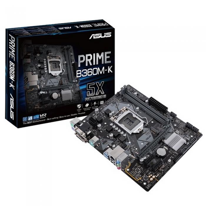Материнская плата ASUS PRIME B360M-K , RTL {10}, Socket LGA1151 Intel B360 1 слот 16x PCI-E 1x DVI-D, 1x VGA монитор1 Гбит/с MicroATX 2 x DDR4 1 разъем M Key SATA, PCI-E 2242, 2260, 2280 LED-трассировка зоны аудиоподсистемы PRIME B360M-K