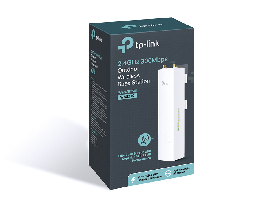 Базовая станция TP-Link наружная 300n, 802.11b/g/n, 2 разъёма RP-SMA для подключения внешней MIMO-антенны, 2*LAN 10/100, IPX WBS210 WBS210