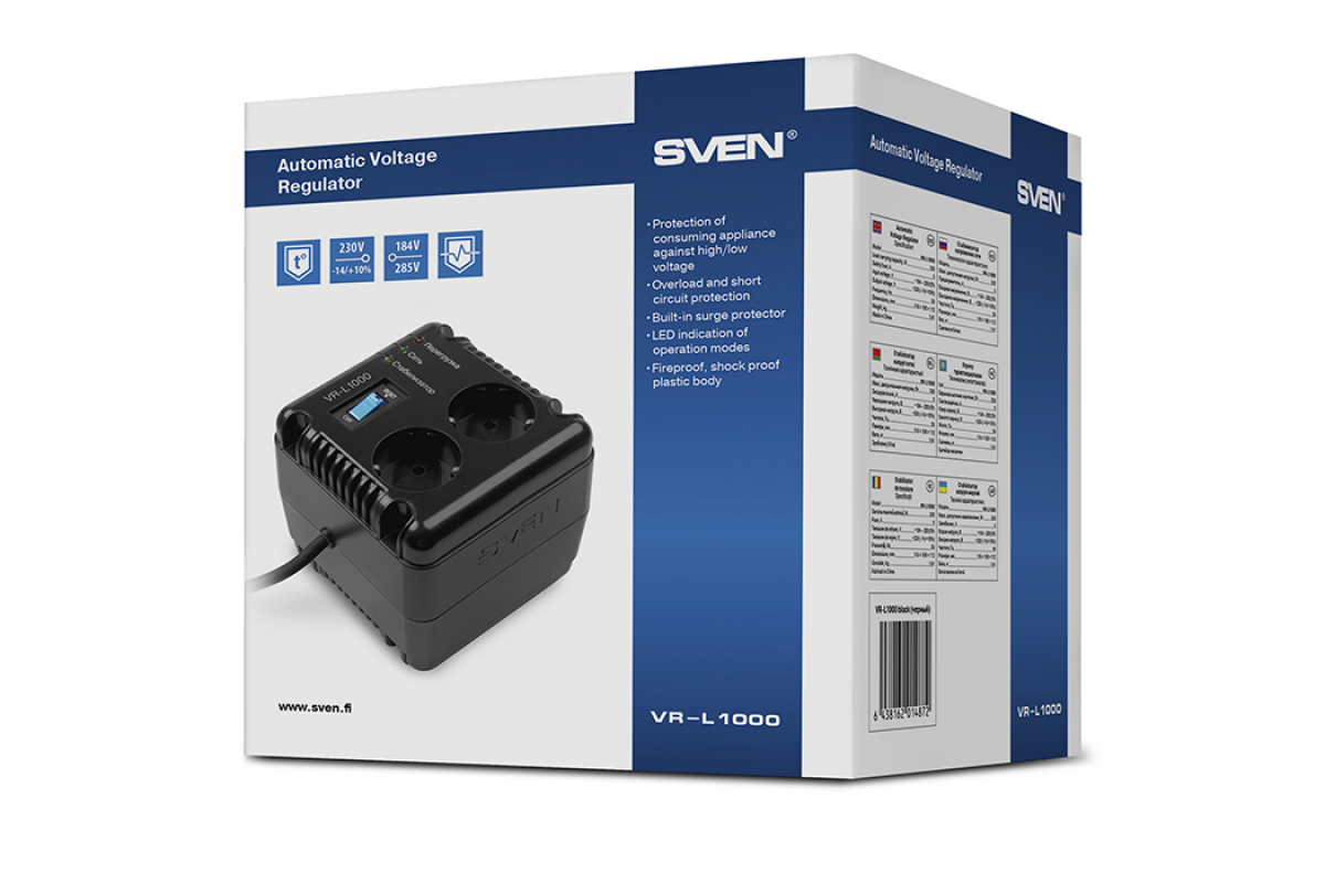 Автоматический стабилизатор напряжения Sven VR-L1000(320Вт,Входное 184 – 285В, 2*CEE7/4 розетки, Выходное 230В, черный пластик. корпус) SV-014872 SV-014872