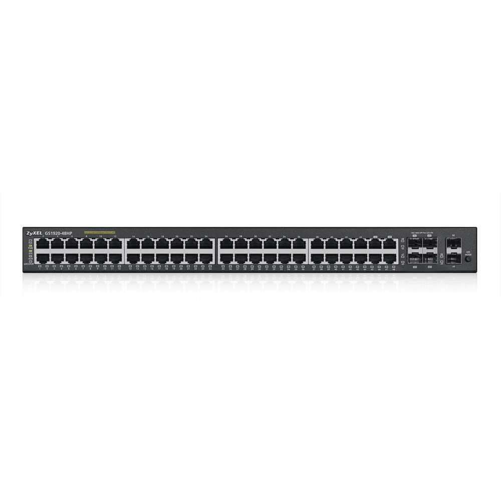 Коммутатор ZYXEL интеллектуальный 48 High PoE Gigabit Ethernet, 4 совмещены с SFP-слотами и 2 дополнительными SFP-сло GS1920-48HP-EU0101F GS1920-48HP-EU0101F