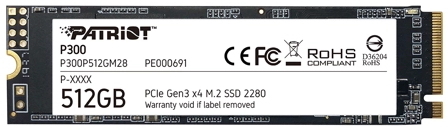 Твердотельный накопитель Patriot P300 M.2 2280 512Гб PCI-E 3.0x4 NVMe NAND 3D TLC P300P512GM28 P300P512GM28