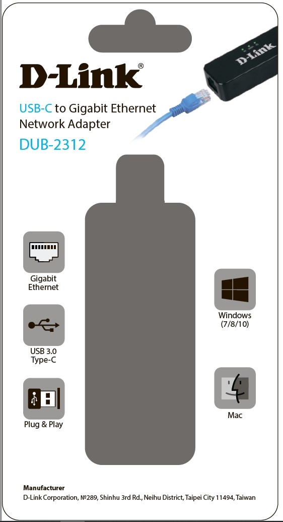 Сетвой адаптер D-Link USB Type-C Network Adapter with 1 10/100/1000Base-T port.1 USB Type-C (male) port, 1 x 10/100/1000 Base-T port, support MAC OS X Catalina 10.15.1, Windows 7/8/10, support USB 1.1 DUB-2312/A2A DUB-2312/A2A