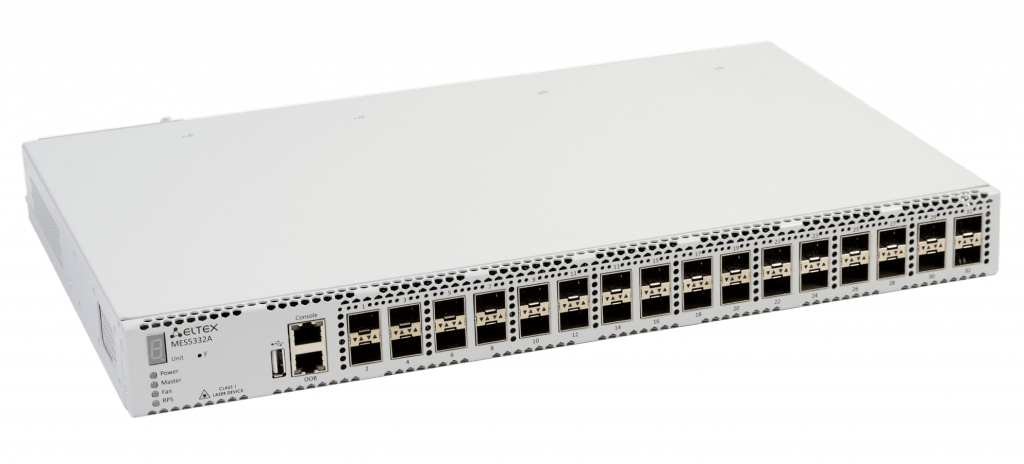 Коммутатор Eltex  1x10/100/1000BASE-T (ООВ), 32x10GBASE-R (SFP+)/1000BASE-X (SFP), коммутатор L3, 2 слота для модулей питания MES5332A MES5332A