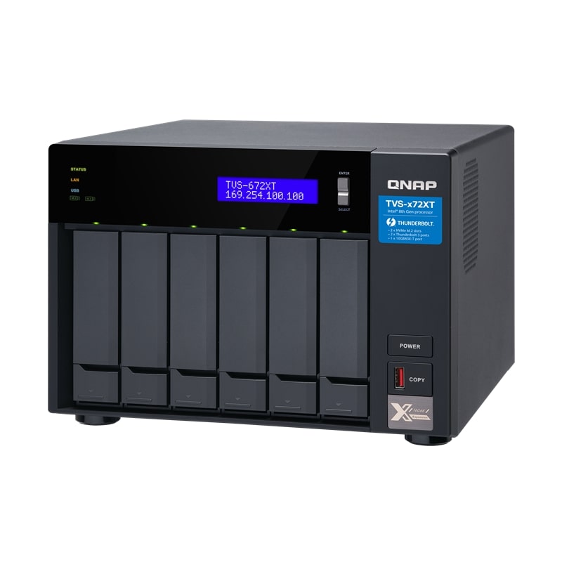 Сетевой RAID-накопитель QNAP 6-Bay Intel Core i3-8100T 4-core 3.1 GHz Processor, 8GB DDR4 RAM (max 32GB RAM), 6x 2.5"/3.5" SATA HDD/SSD + 2x M.2 PCIe  SSD slot, 2xGbE LAN, 1 x 10GBase-T, 2 x Thunderbolt 3 port TVS-672XT-i3-8G TVS-672XT-i3-8G