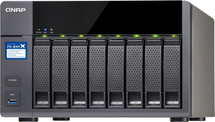 Сетевой RAID-накопитель QNAP 8 отсеков для HDD, два порта 10 GbE SFP+. Cortex-A15 AnnapurnaLabs 1,4 ГГц , 16 ГБ. TS-831X-16G TS-831X-16G