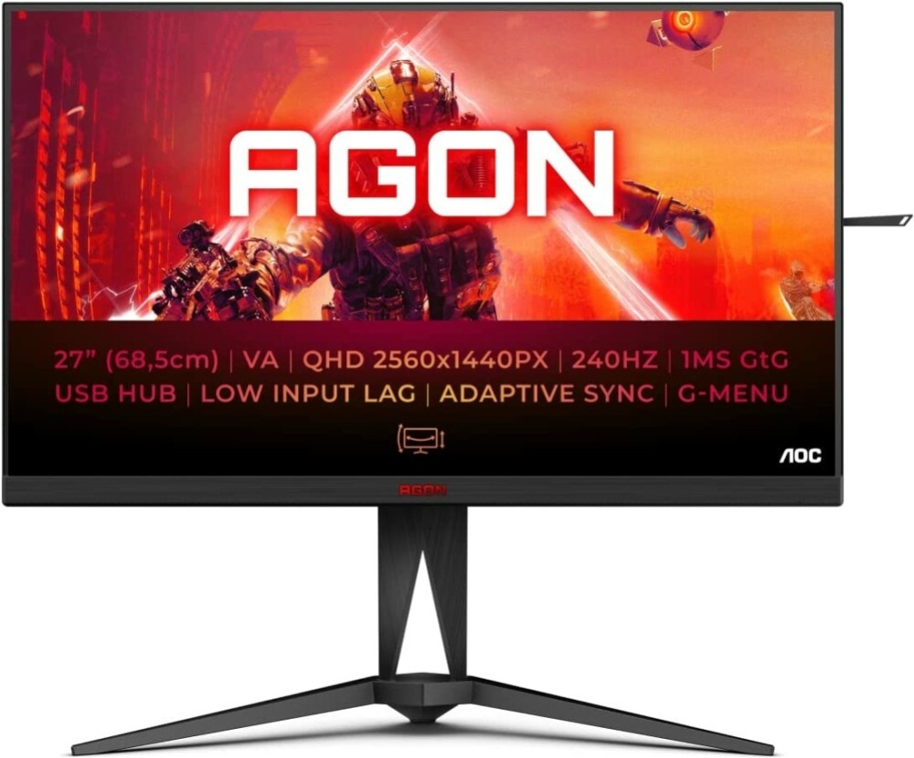 Монитор AOC  27'' [16:9] 2560х1440(WQHD) VA, nonGLARE, 240 Hz, 400cd/m2, H178°/V178°, 3000:1, 80M:1, 16.7M, 1ms, 2xHDMI, 2xDP, USB-Hub, Height adj, Pivot, Tilt, Swivel, 3Y, Black AG275QZN/EU AG275QZN/EU