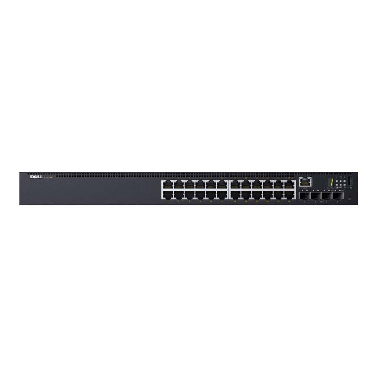 Коммутатор Dell EMC N1524, 24x1GbE, 4x10GbE SFP+ fixed ports, Stackable, no Stacking Cable, air flow from ports to PSU, 3YPSNBD (210-AEVX) N1524-AEVX-01 N1524-AEVX-01