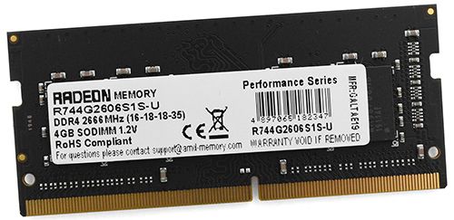 Модуль памяти AMD 4GB Radeon™ DDR4 2666 SO DIMM R7 Performance Series Black Non-ECC, CL16, 1.2V, RTL (182347) R744G2606S1S-U R744G2606S1S-U