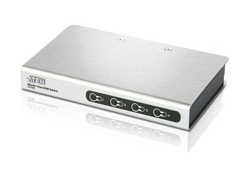 KVM переключатель ATEN VGA/SVGA+KBD+MOUSE, 1> 4 блока/порта PS/2, c KVM-шнурами PS/2 2х1.2+2х1.8 м., (DDC2B) CS74ECZ-AT CS74ECZ-AT