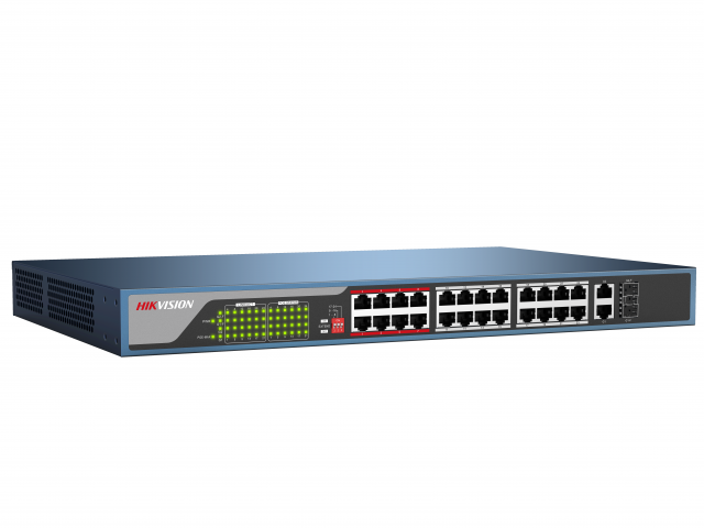 PoE коммутатор Hikvision DS-3E0326P-E 24 RJ45 100M с грозозащитой 4кВ, 1-8 порты с высоким приоритетом; 2 Uplink комбо-порта 1000М DS-3E0326P-E DS-3E0326P-E