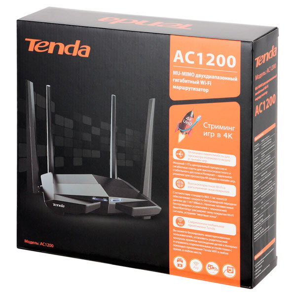 Роутер Tenda  двухдиапазонный AC1200 wave2, 5x6 дБи антенн, MU-MIMO,  1x100Мбит/с WAN, 3x100Мбит/с LAN, WiFi On/Off переключатель, настройка и управление через APP AC7 AC7