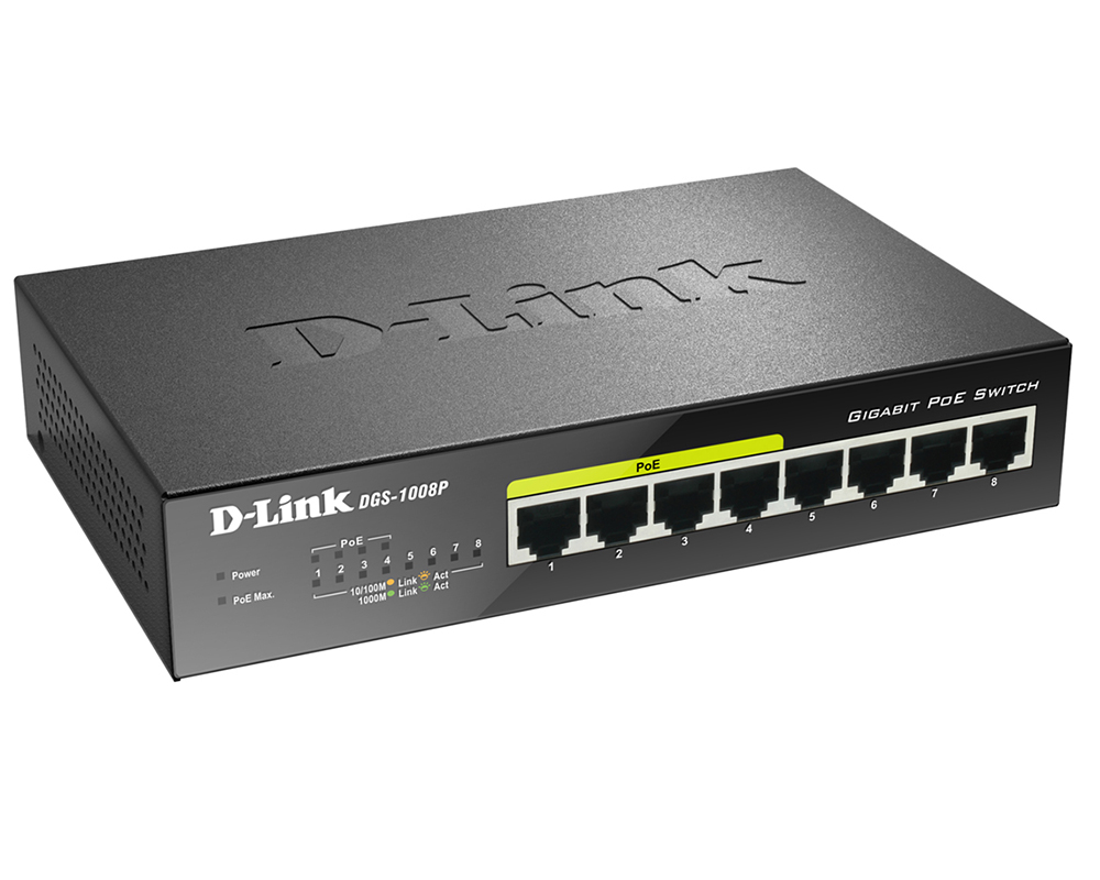 Коммутатор D-Link L2 Unmanaged Switch with 8 10/100/1000Base-T ports (4 PoE ports 802.3af/802.3at (30 W), PoE Budget 80) DGS-1008P/E1A DGS-1008P/E1A