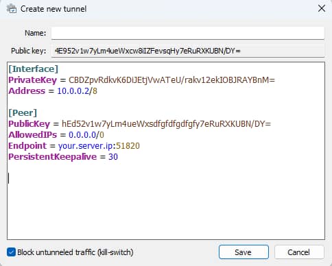 Шаг настройки WireGuard: вставленный конфиг в интерфейс приложения на Windows