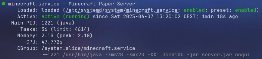 вывод команды systemctl status minecraft