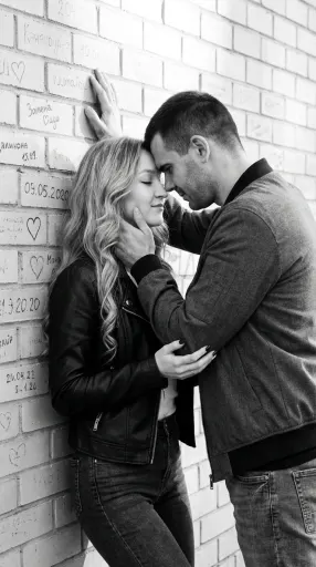 Pareja juntando las frentes junto a pared de ladrillo escrita, plano medio monocromo, chaqueta de cuero y bomber