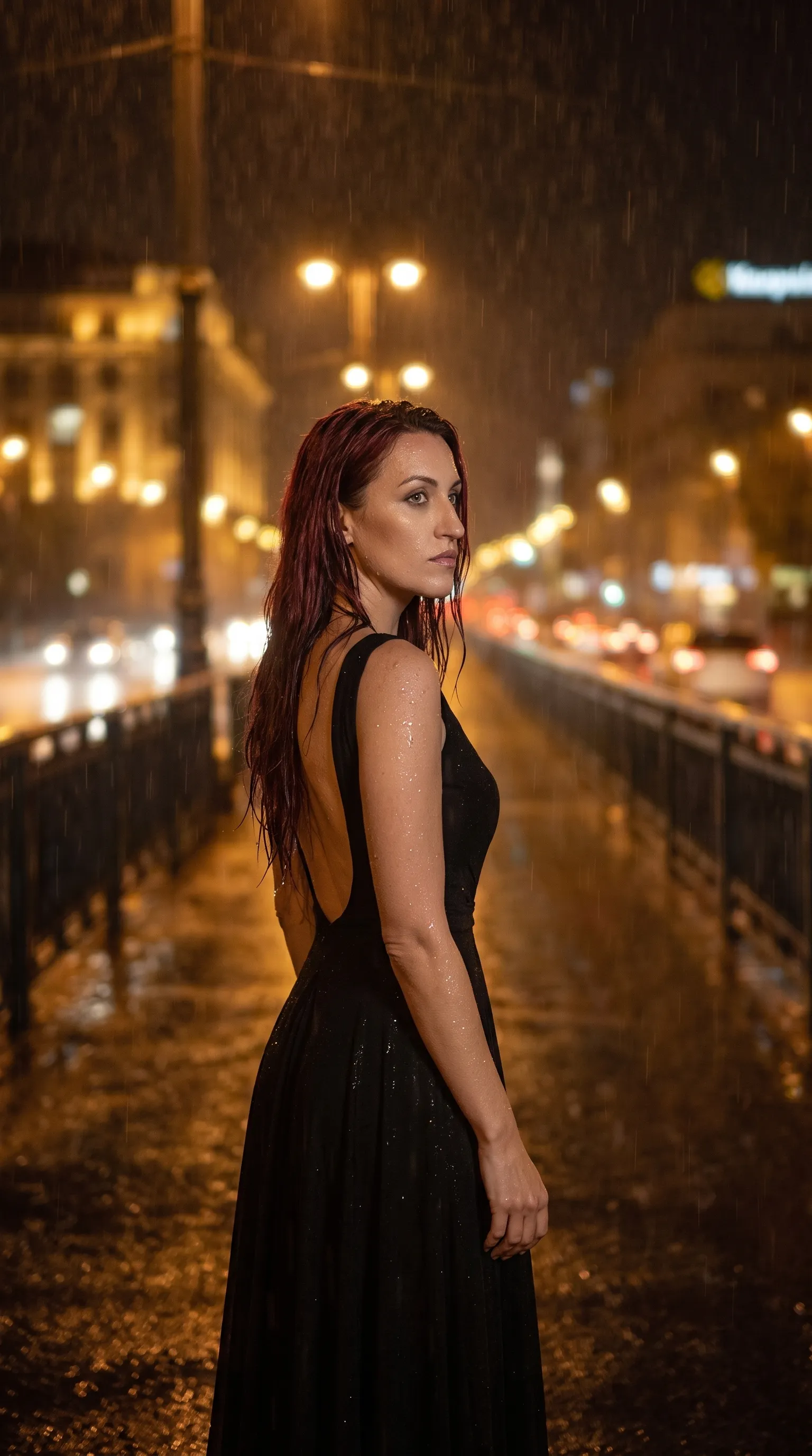 AI-фотосессия «Midnight Rain on the Bridge»