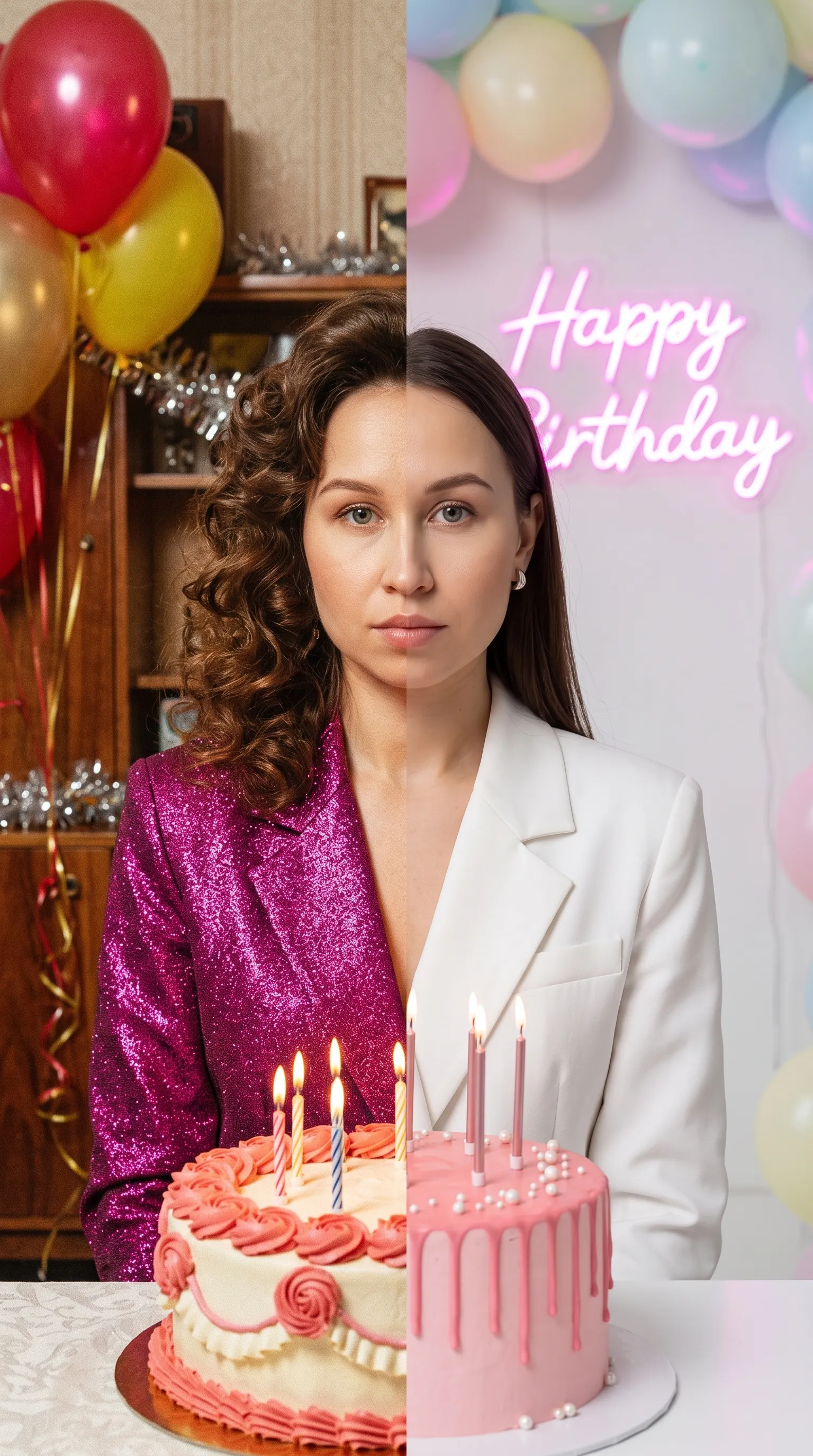 AI-фотосессия «Dual-Era Birthday Portrait Composite»