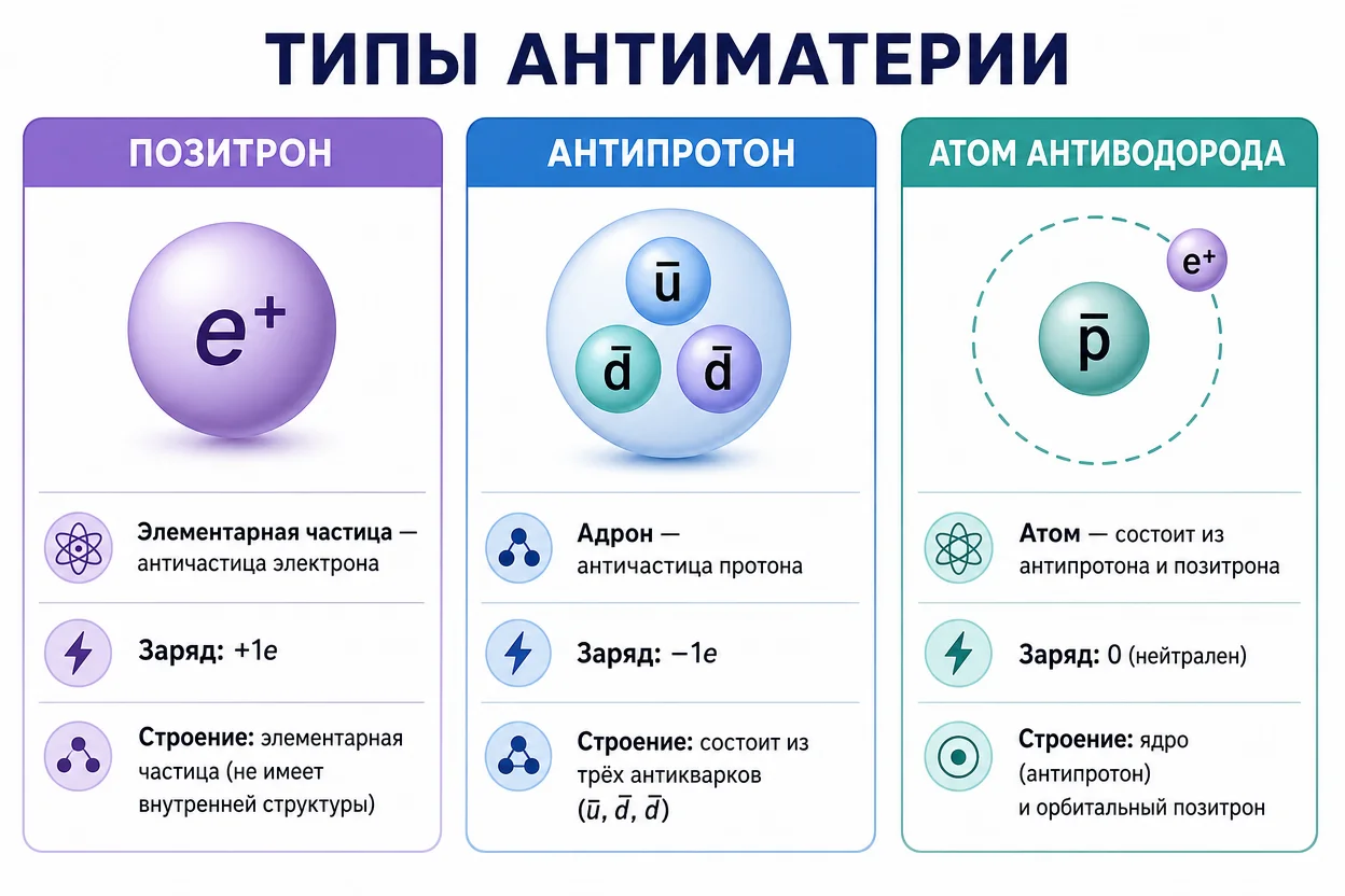 античастицы — позитрон, антипротон и атом антиводорода как виды антиматерии на схеме