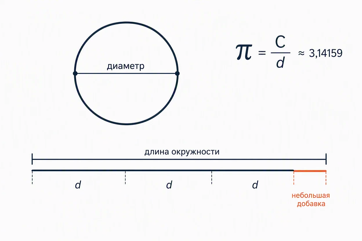 Что такое число пи — отношение длины окружности к диаметру на схеме круга