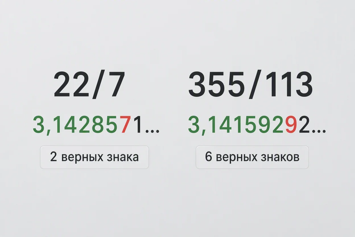 Что такое число пи в виде приближений — сравнение дробей 22/7 и 355/113 в таблице