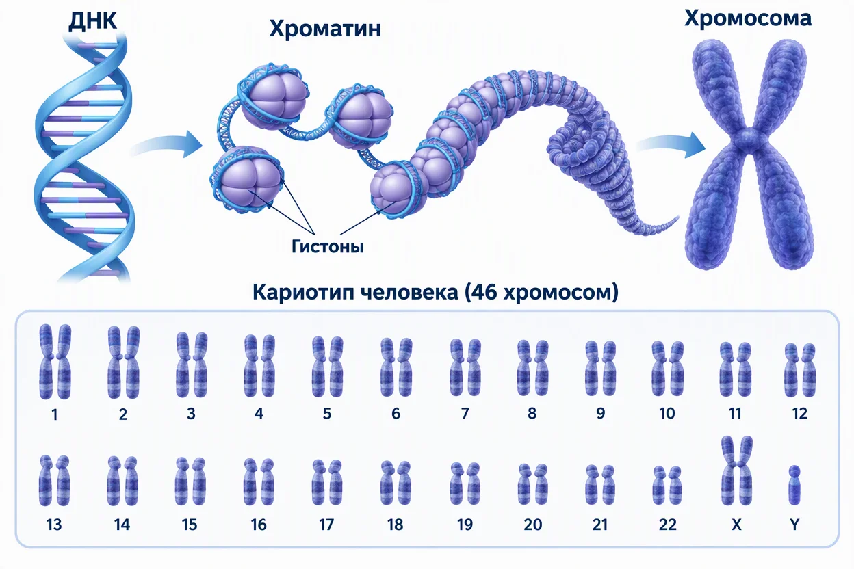Гены и хромосомы — как ДНК упакована в 46 хромосом внутри ядра клетки человека