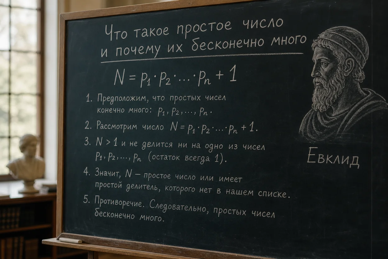 почему простых чисел бесконечно много — доказательство Евклида на доске