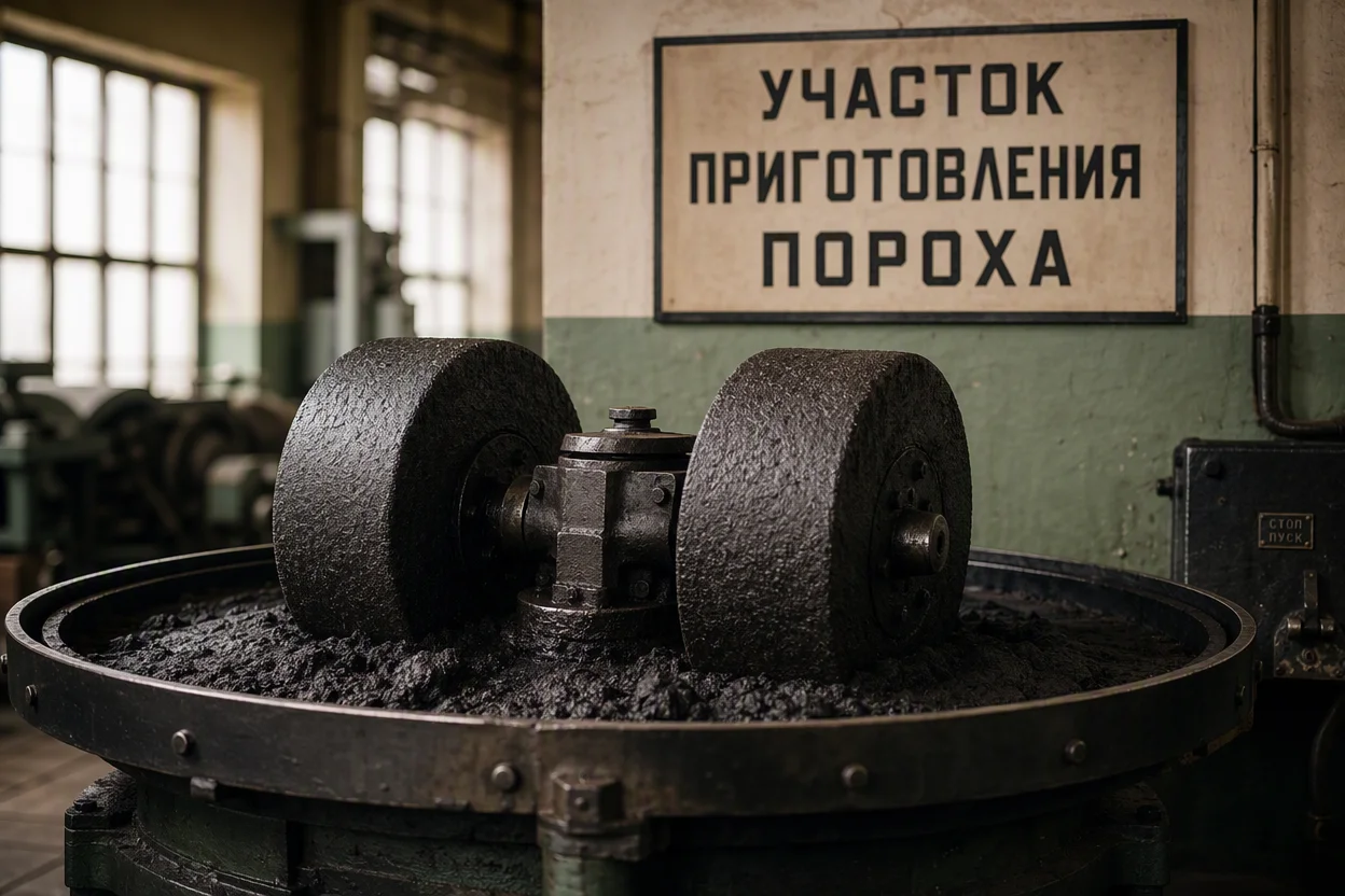Бегунная мельница для пороха — каменные катки перетирают влажную пороховую массу