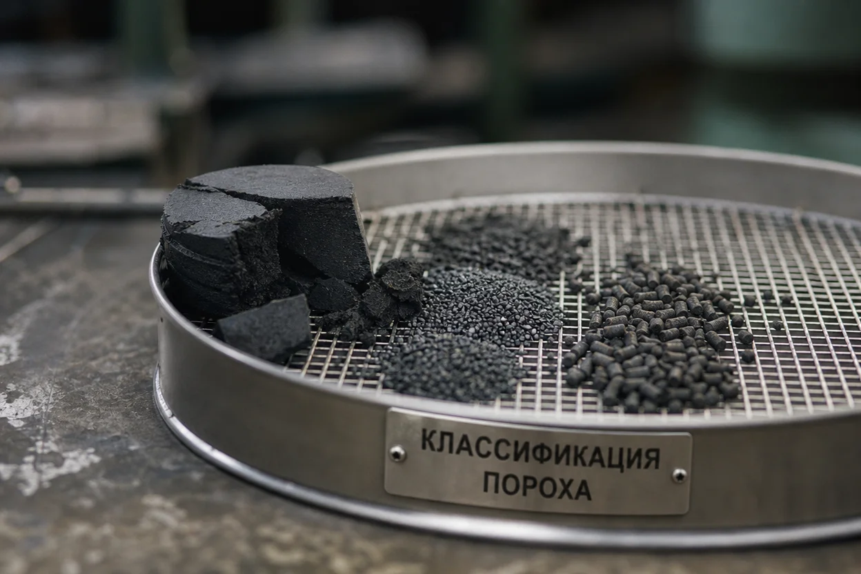 Гранулирование пороха — прессованная лепёшка дробится на зёрна разного размера