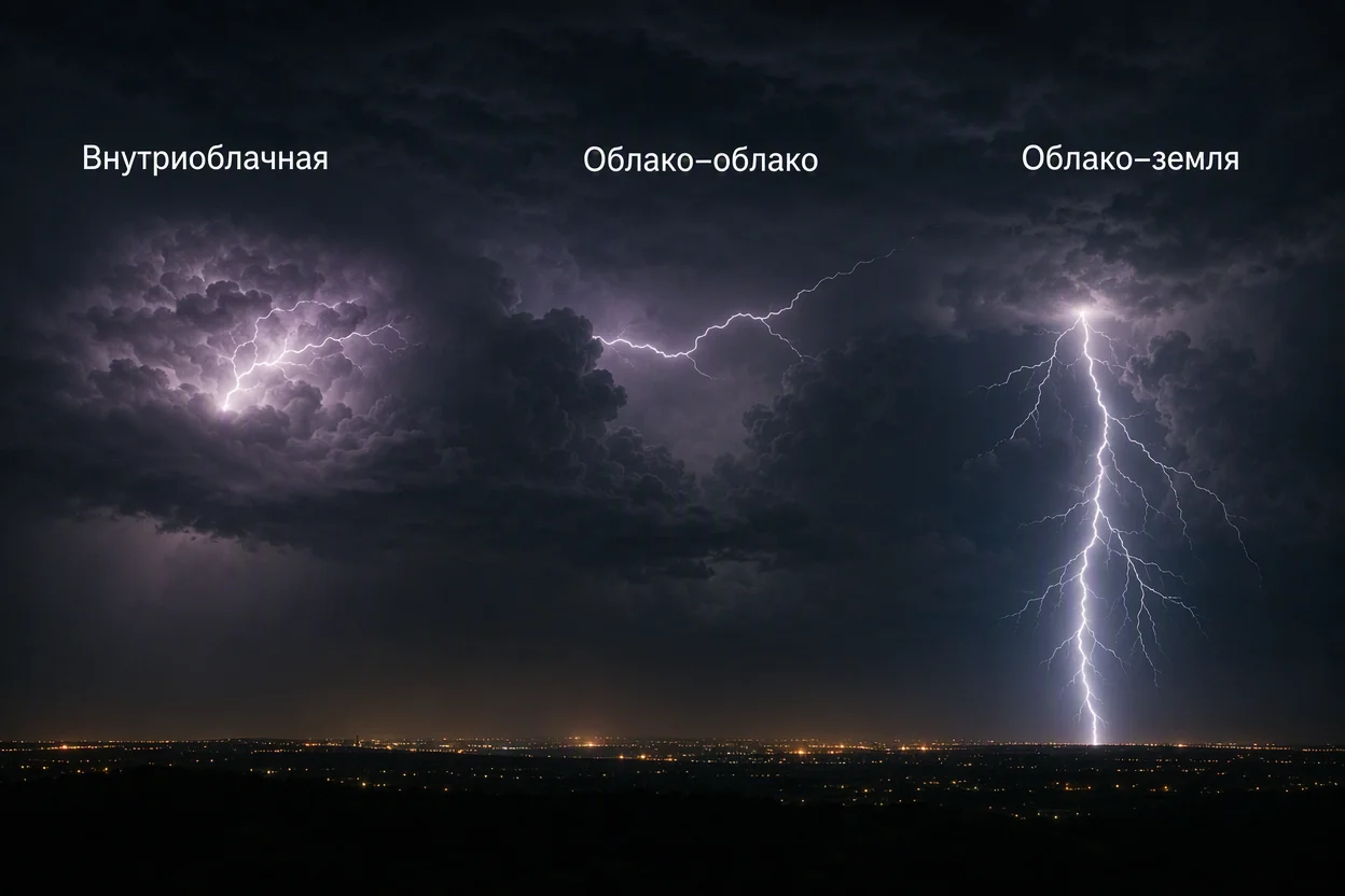 Типы молний — разряды облако-земля, облако-облако и внутриоблачные вспышки