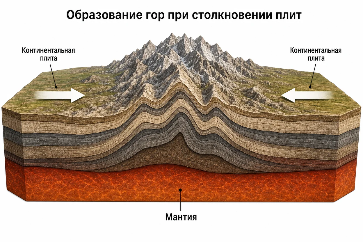 Как образуются горы — столкновение двух континентальных плит и смятие коры в складки