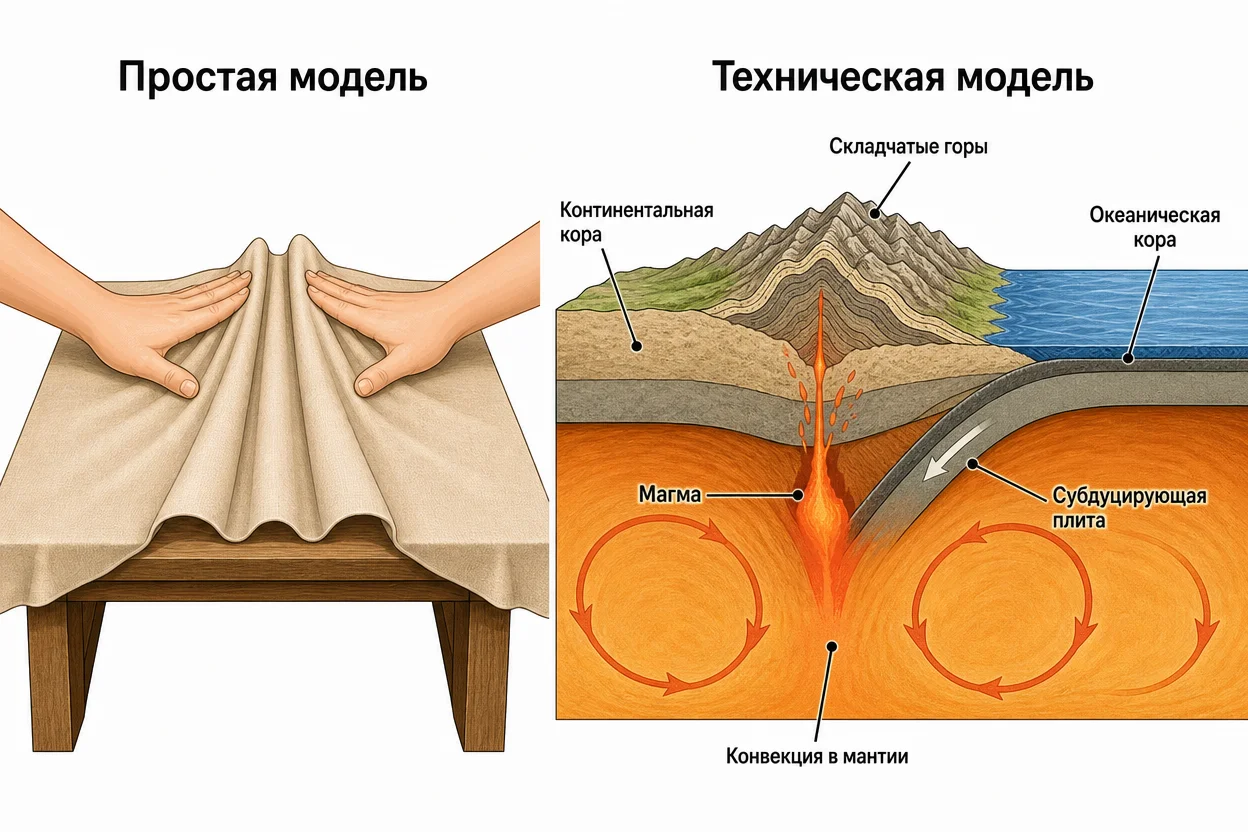 Как образуются горы: простая vs. техническая модель — сравнительная инфографика